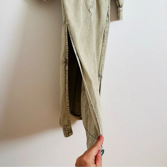 Free People Sage Denim Midi Dress Light Khaki Long Sleeve